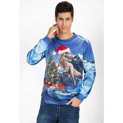 Blauer hässlicher Weihnachtspullover mit Dinosaurier