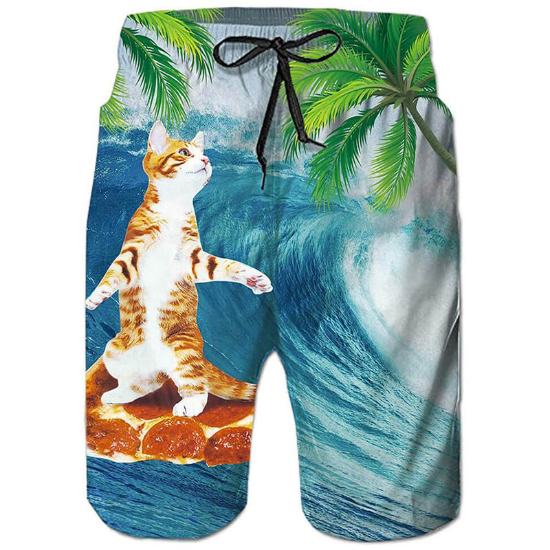 Cat Surfing Pizza Funny Swim Trunks