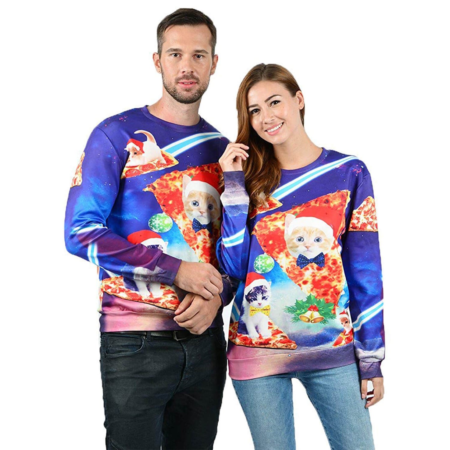 Blauer Pizza-Katzen-hässlicher Weihnachtspullover