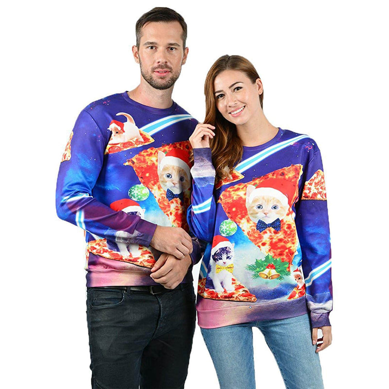 Blue Pizza Cat Ugly Christmas Sweater