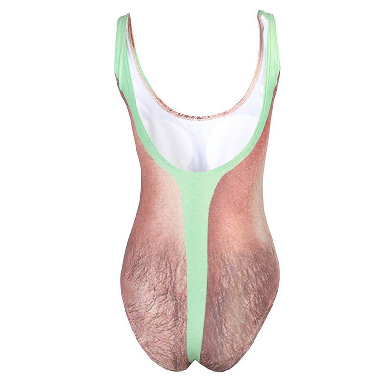 Hairy Chest Ugly One Piece Bathing Suit With Green Strap