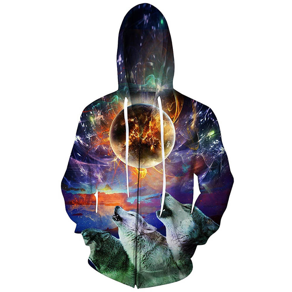 Kapuzenpullover mit Reißverschluss und Wolfsmotiv „Full Moon“