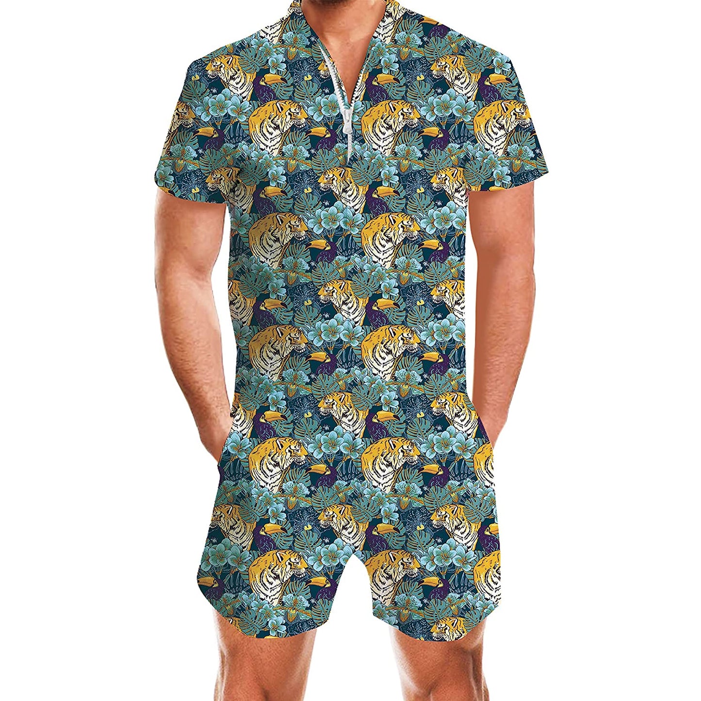 Tiger & Palm Leaf Prints Male Romper