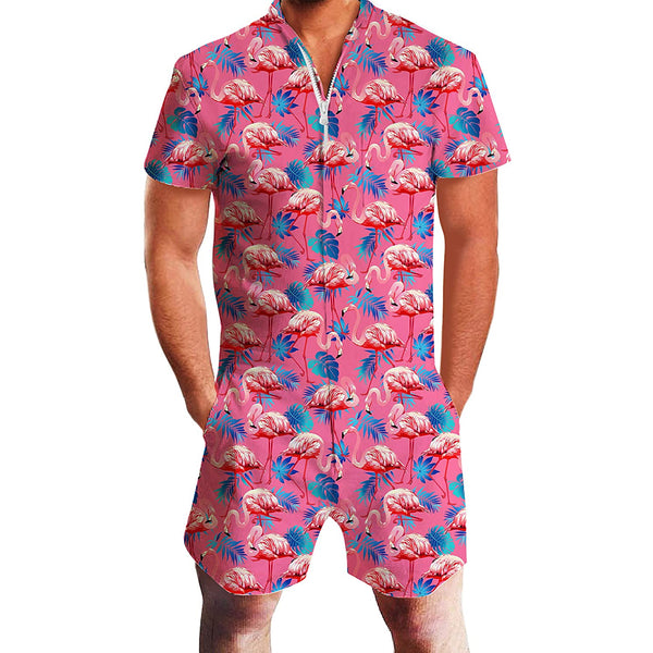 Palm Leaf Flamingo Pink Men Romper