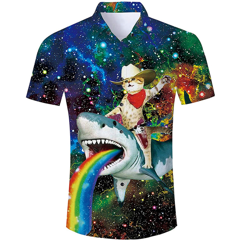 Space Cat Riding Shark Funny Hawaiian Shirt – D&F Clothing