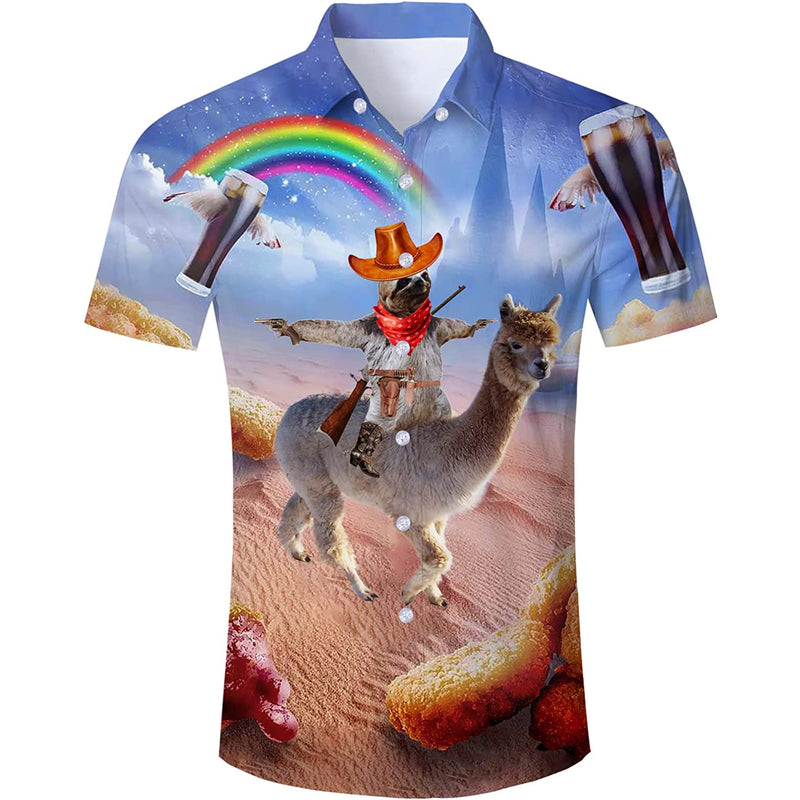 Rainbow Cowboy Sloth Riding Llama Funny Hawaiian Shirt