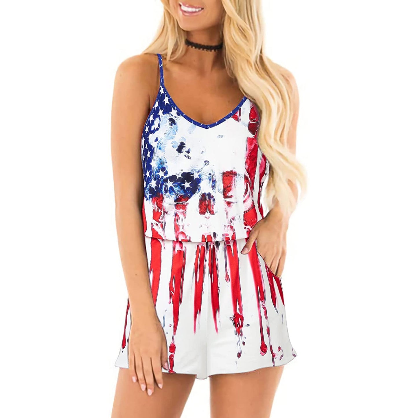 Strampler mit Totenkopf-Motiv und schmelzender amerikanischer Flagge für Damen