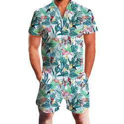 Green Floral Flamingos Male Romper