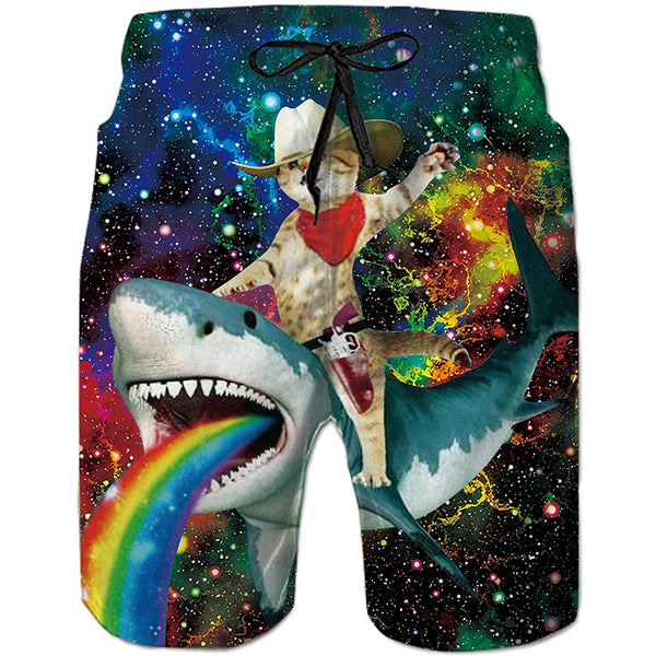 Space Cat Riding Shark Rainbow Funny Swim Trunks
