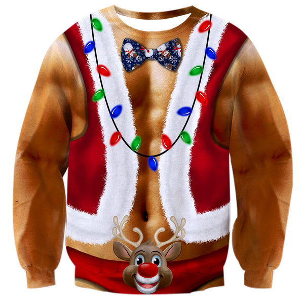 Reindeer Tie Muscle Man Ugly Christmas Sweater