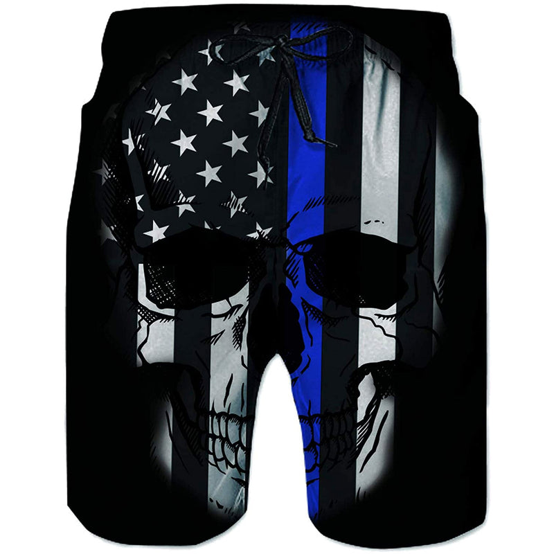 Blue American Flag Skull Funny Swim Trunks