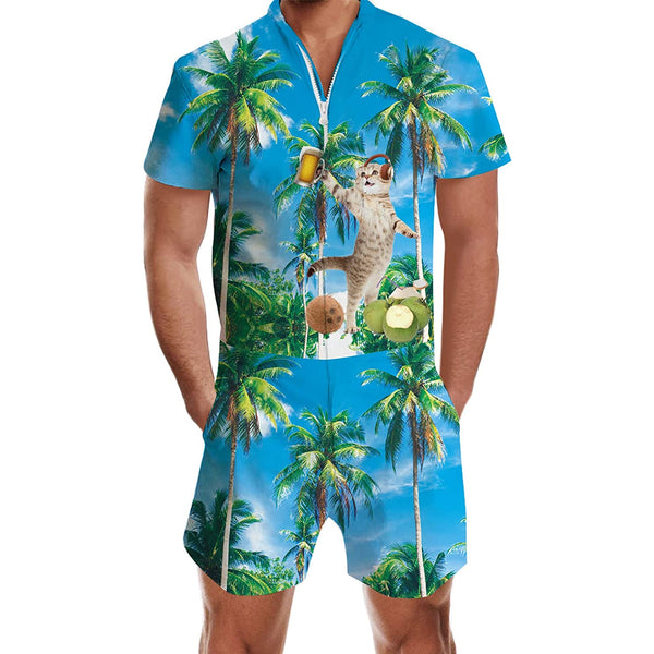 Beer Dj Cat Palm Tree Men Romper