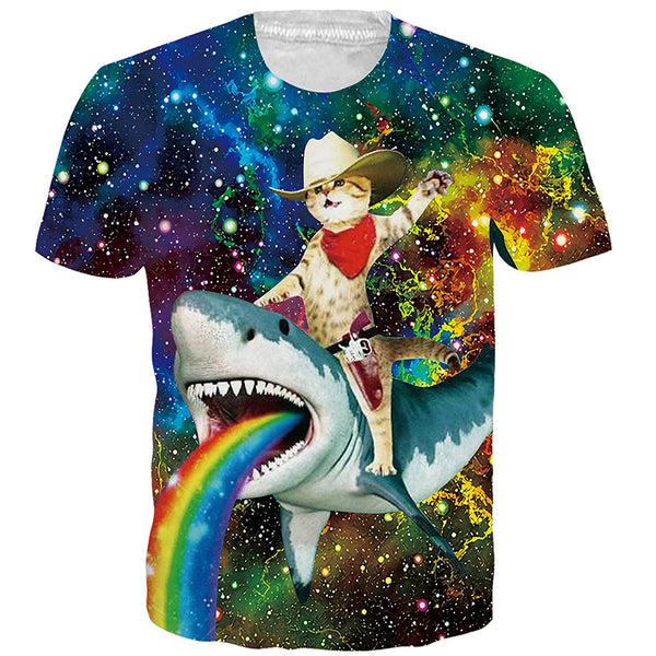 Cowboy Cat Riding Shark T Shirt