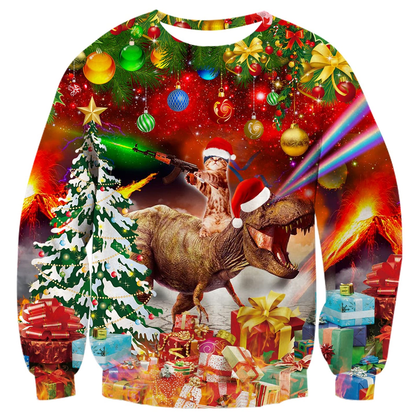 Pistole Katze Reiten Dinosaurier Rot Hässlicher Weihnachtspullover