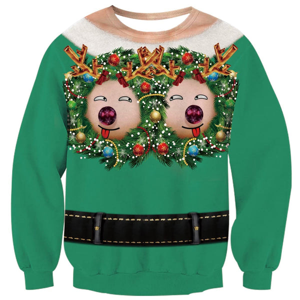 Reindeer Tits Green Ugly Christmas Sweater