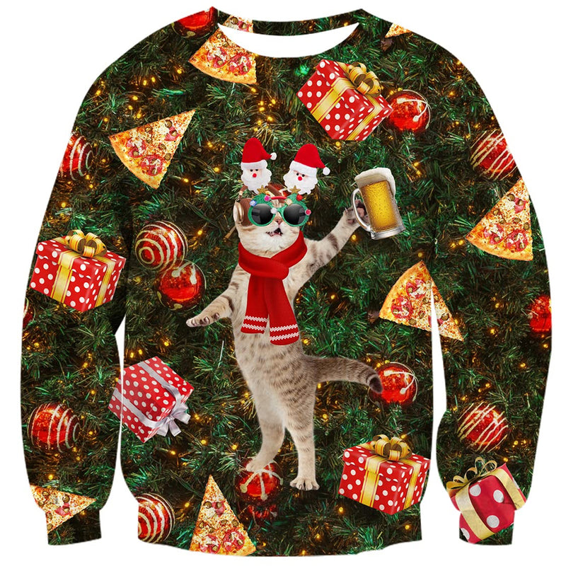 Beer Pizza DJ Cat Ugly Christmas Sweater