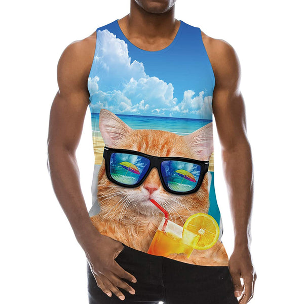 Cat Drinking Juice Beach Funny Tank Top
