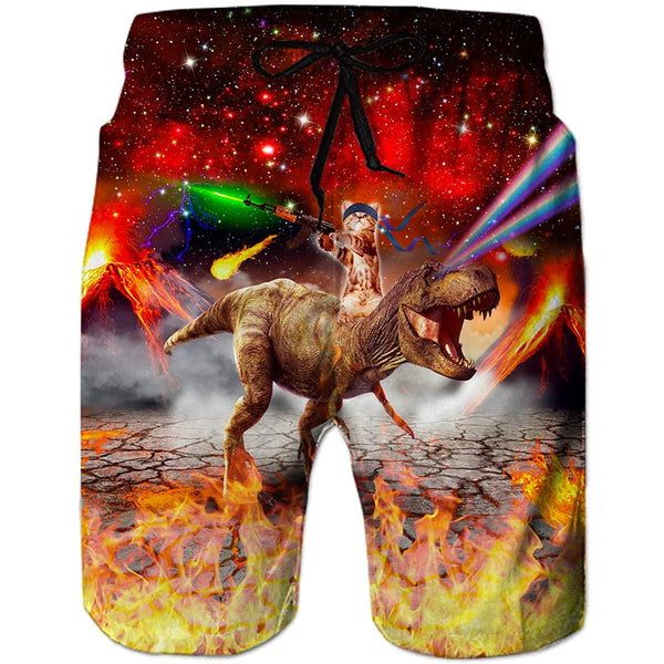 Gun Cat Riding Dinosaur Funny Swim Trunks