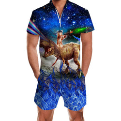 Gun Cat Riding Dinosaur Blue Men Romper