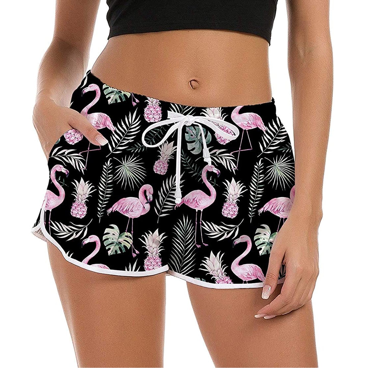 Lustige Boardshorts mit Ananas-Flamingos für Damen