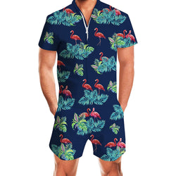 Navy Leaves Flamingos Male Romper