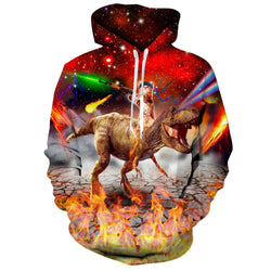 Red Galaxy Gun Cat Riding Dinosaur Funny Hoodie