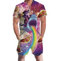 Cat Riding Shark Rainbow Male Romper