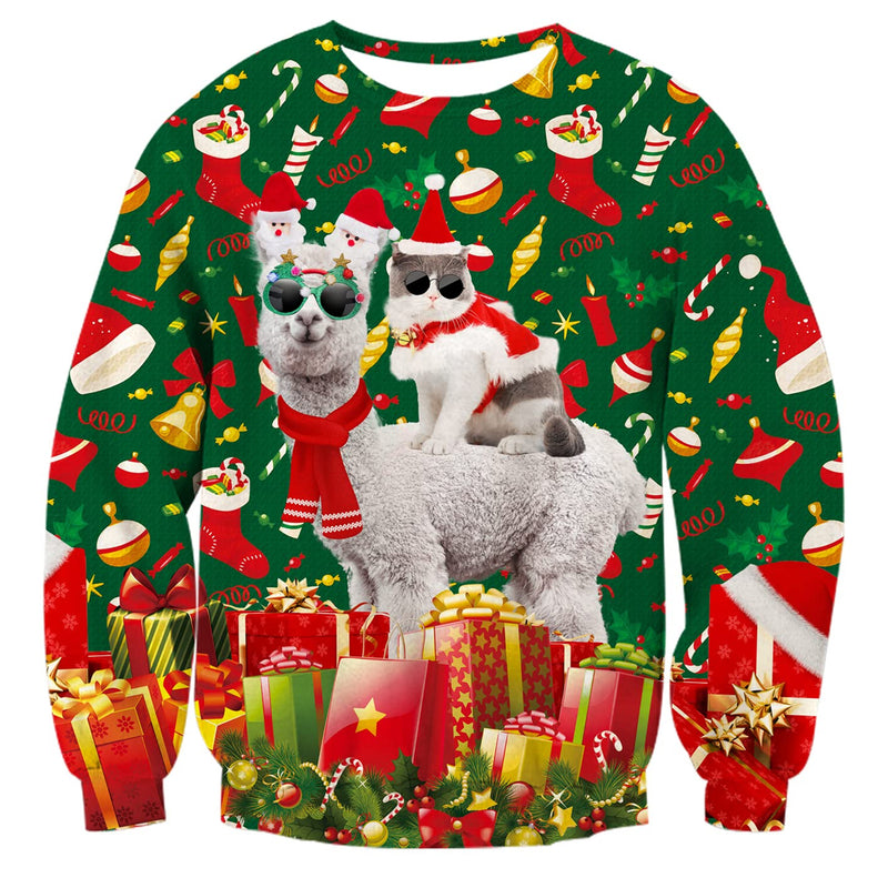 Cat Riding Alpaca with Glasses Ugly Christmas Sweater