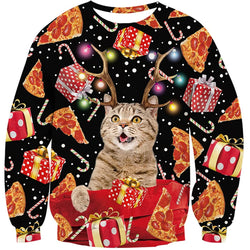 Antlers Cat Pizza Ugly Christmas Sweater