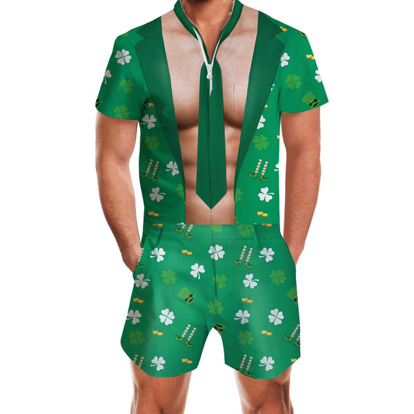 St. Patrick's Day Clover Bare Muscle Tuxedo Male Romper