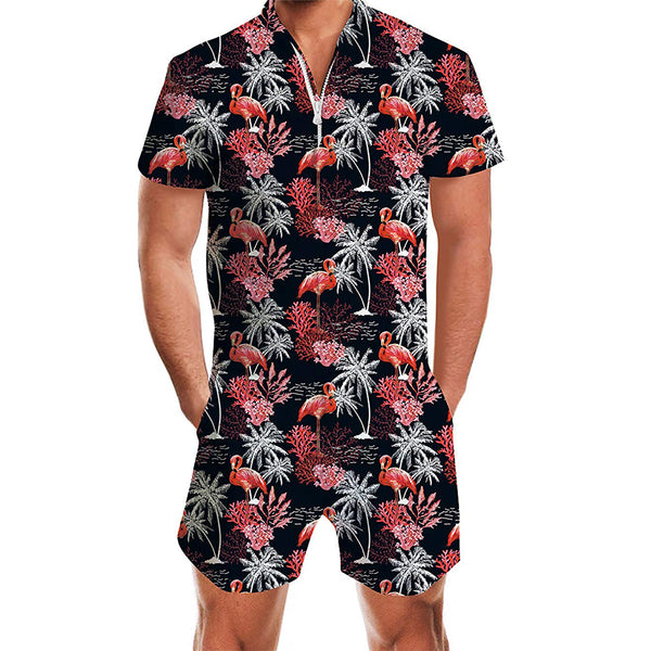 Black Coconut Tree Flamingos Male Romper