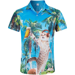 Palm Tree Music Beer Cat Novelty Hawaiian Shirt