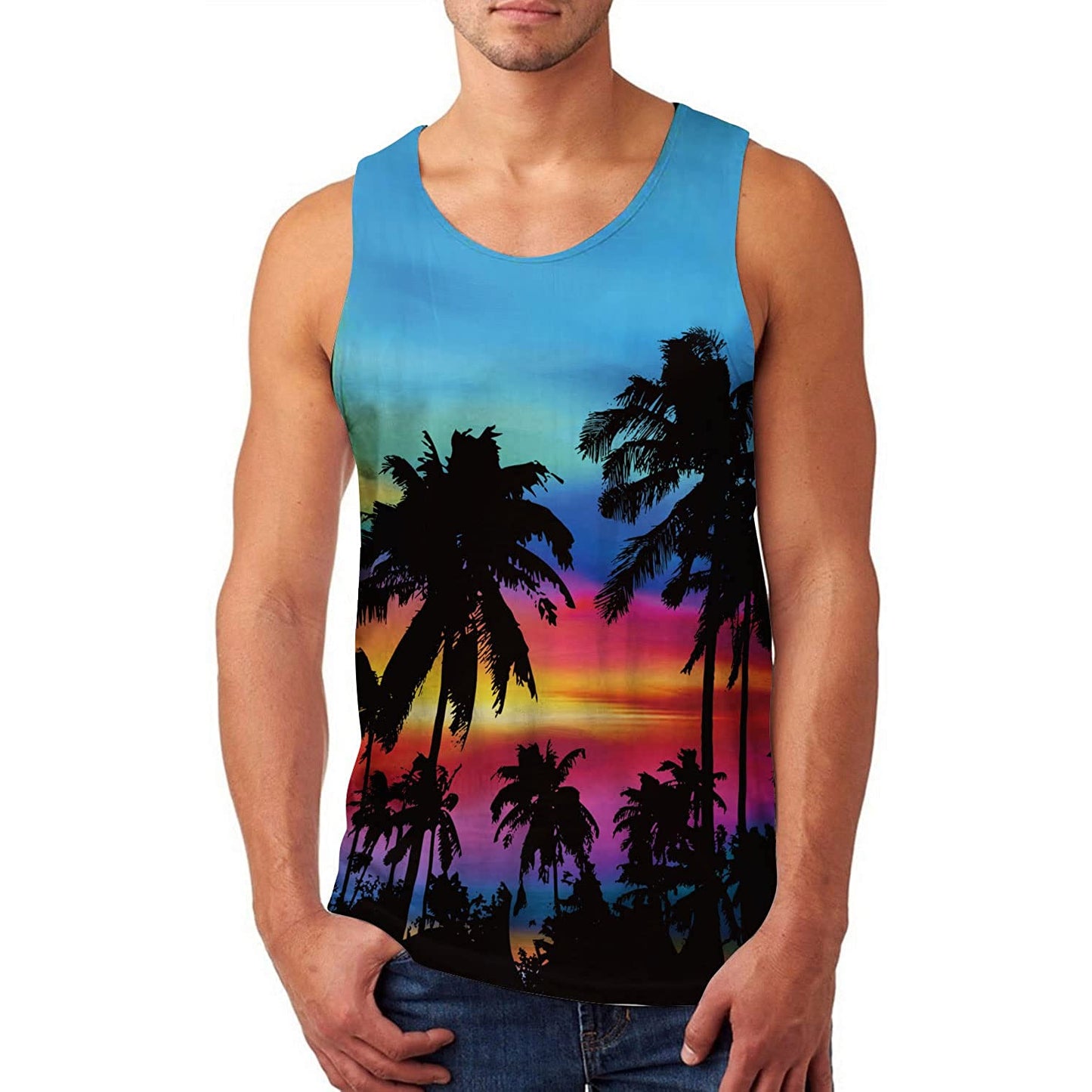 Lustiges Tank Top mit Palmenmotiv bei Sonnenuntergang