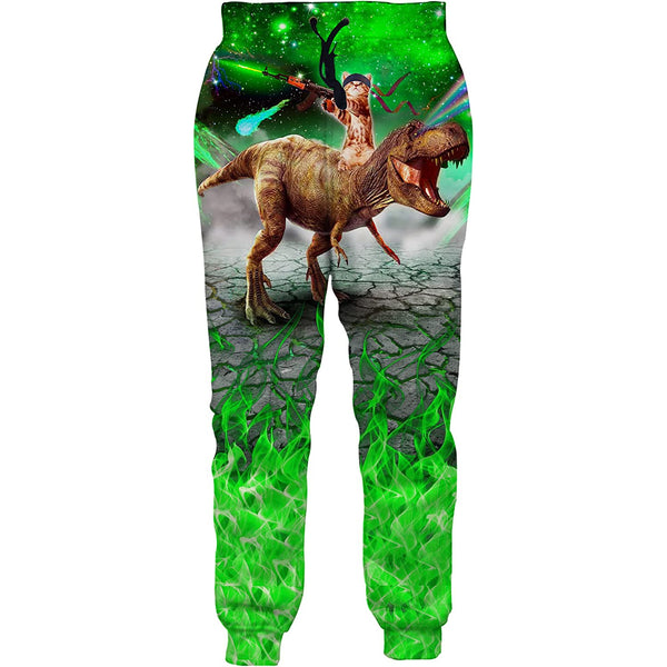 Green Gun Cat Riding Dinosaur Funny Sweatpants