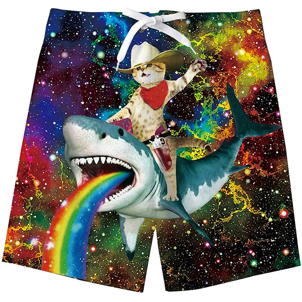 Space Rainbow Cat Riding Shark Funny Boy Swim Trunk