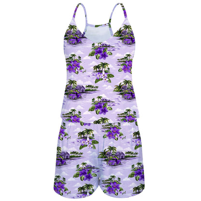 Purple Floral Palm Tree Funny Romper for Women
