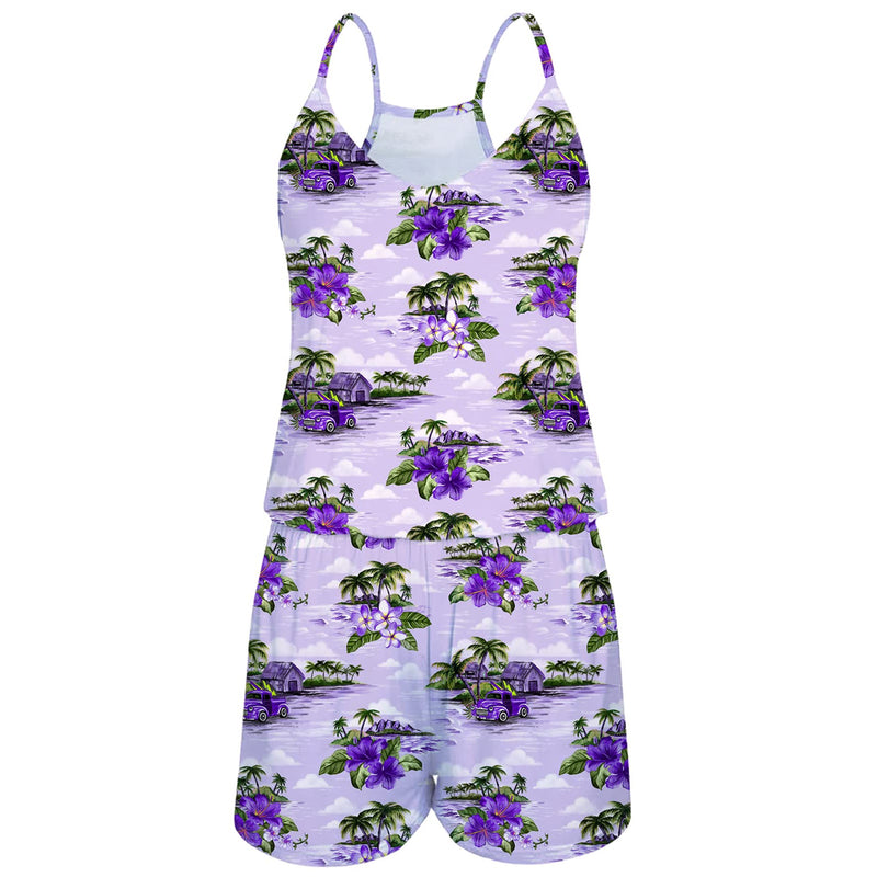 Purple Floral Palm Tree Funny Romper for Women