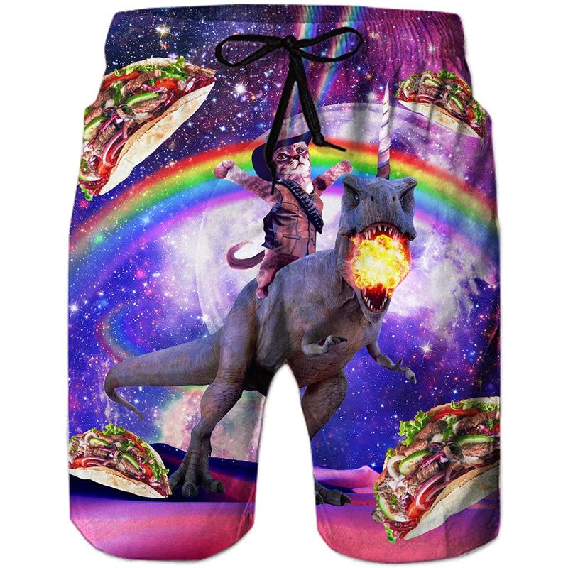 Taco Cat Riding Dinosaur Funny Swim Trunks