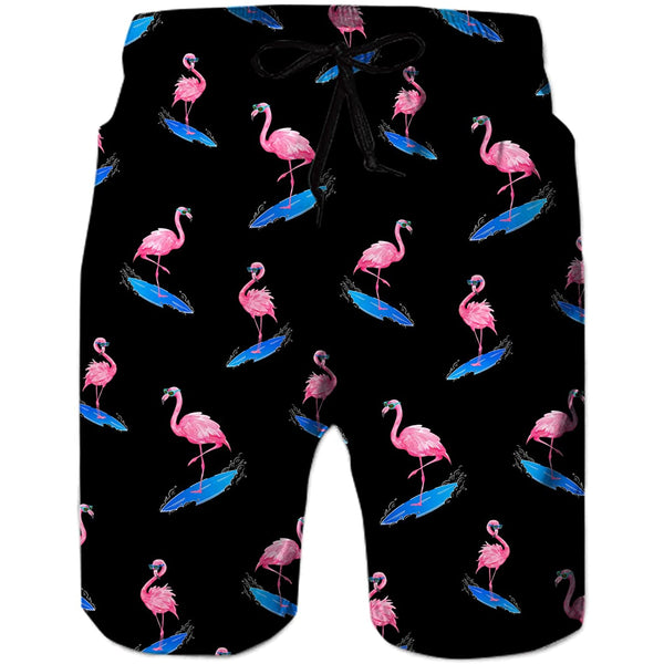 Surfing Flamingo Funny Swim Trunks