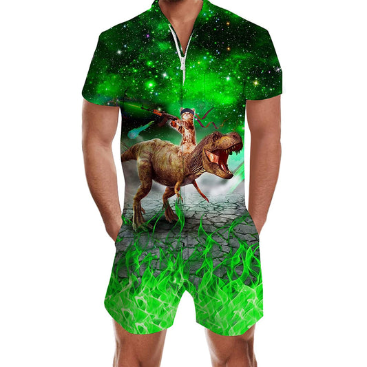 Groene Galaxy Cat Riding Dinosaur Heren Romper