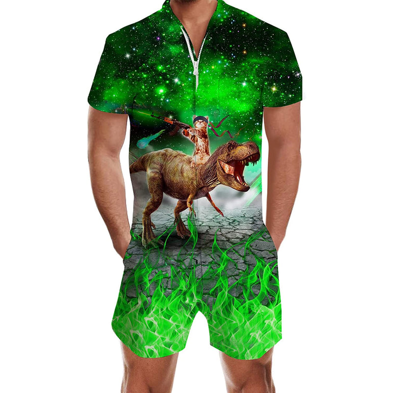 Green Galaxy Cat Riding Dinosaur Men Romper