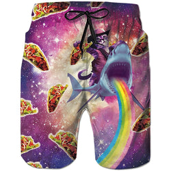 Taco Cat Riding Shark Rainbow Funny Swim Trunks