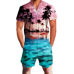 Sunset Palm Tree Flamingo Men Romper