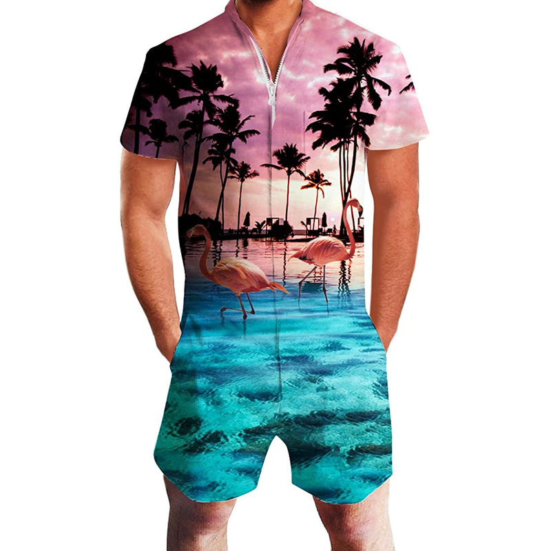 Sunset Palm Tree Flamingo Men Romper