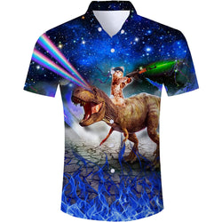Galaxy Gun Cat Dinosaur Blue Funny Hawaiian Shirt