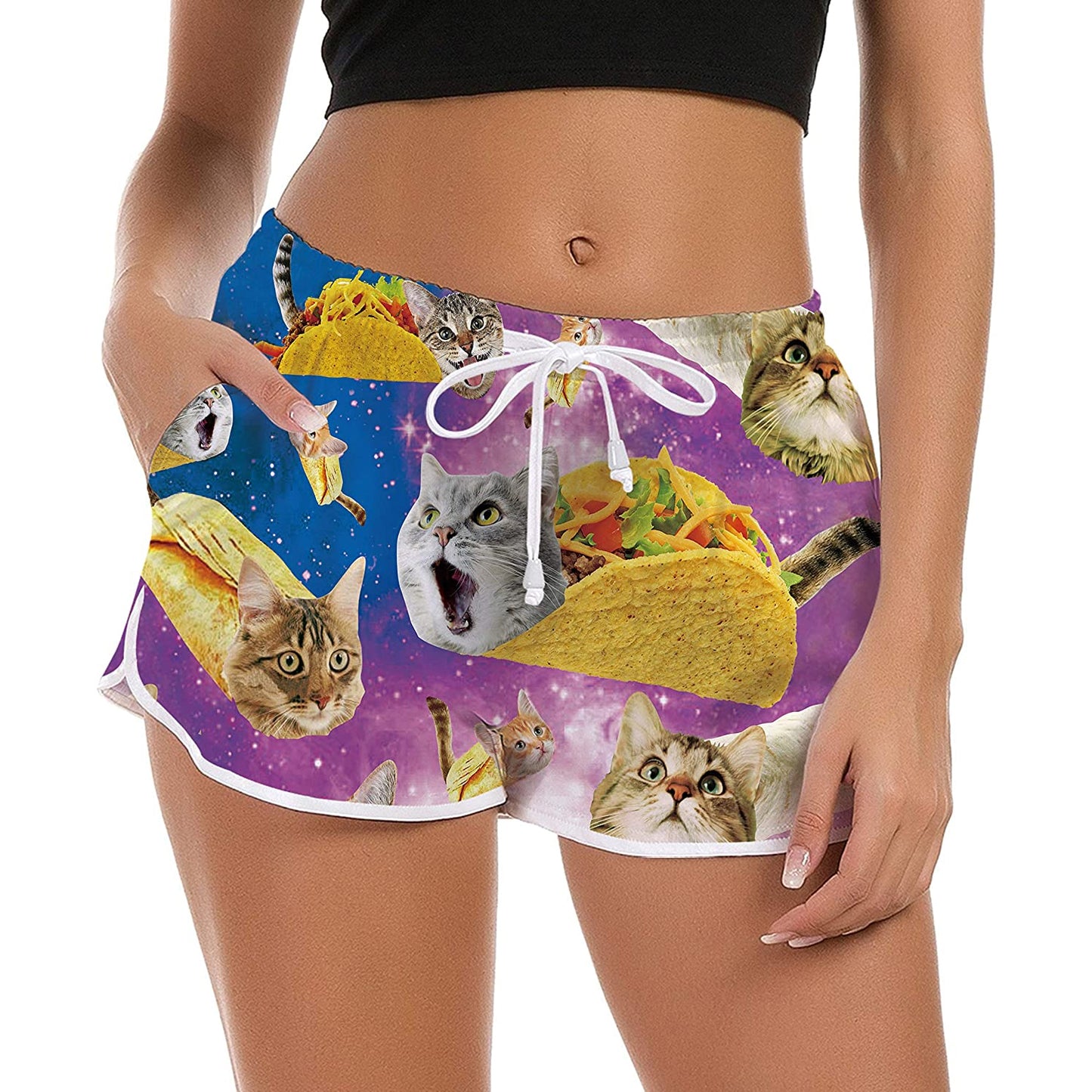 Lustige Boardshorts mit Taco-Katzen-Motiv für Damen