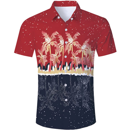 Rood &amp; Marineblauw Palmboom Grappig Knoop Shirt