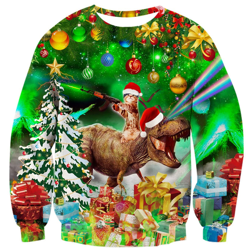 Gun Cat Riding Dinosaur Green Ugly Christmas Sweater