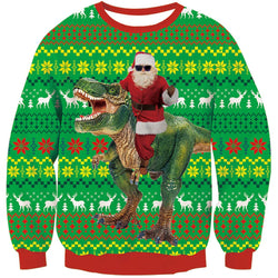 Santa Claus Riding Dinosaur Green Ugly Christmas Sweater