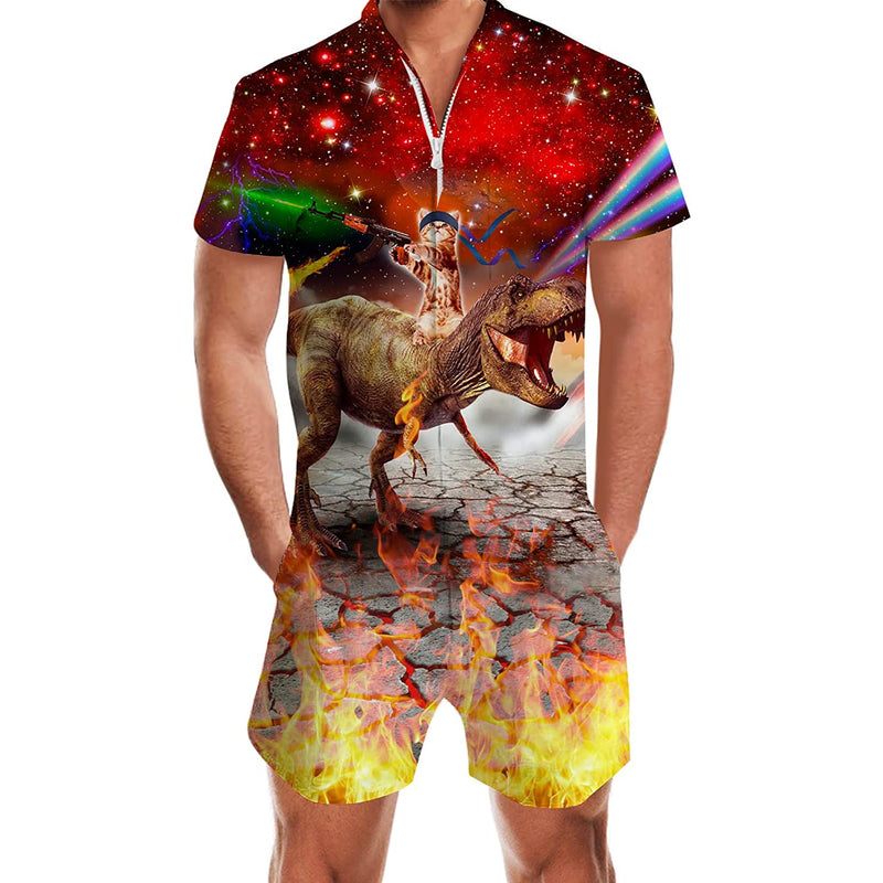 Gun Cat Riding Dinosaur Men Romper